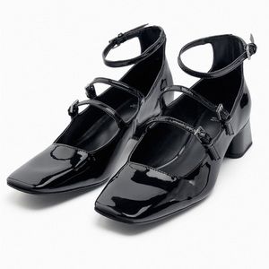 NWT Zara Strappy Block Heel Black Patent Shoes